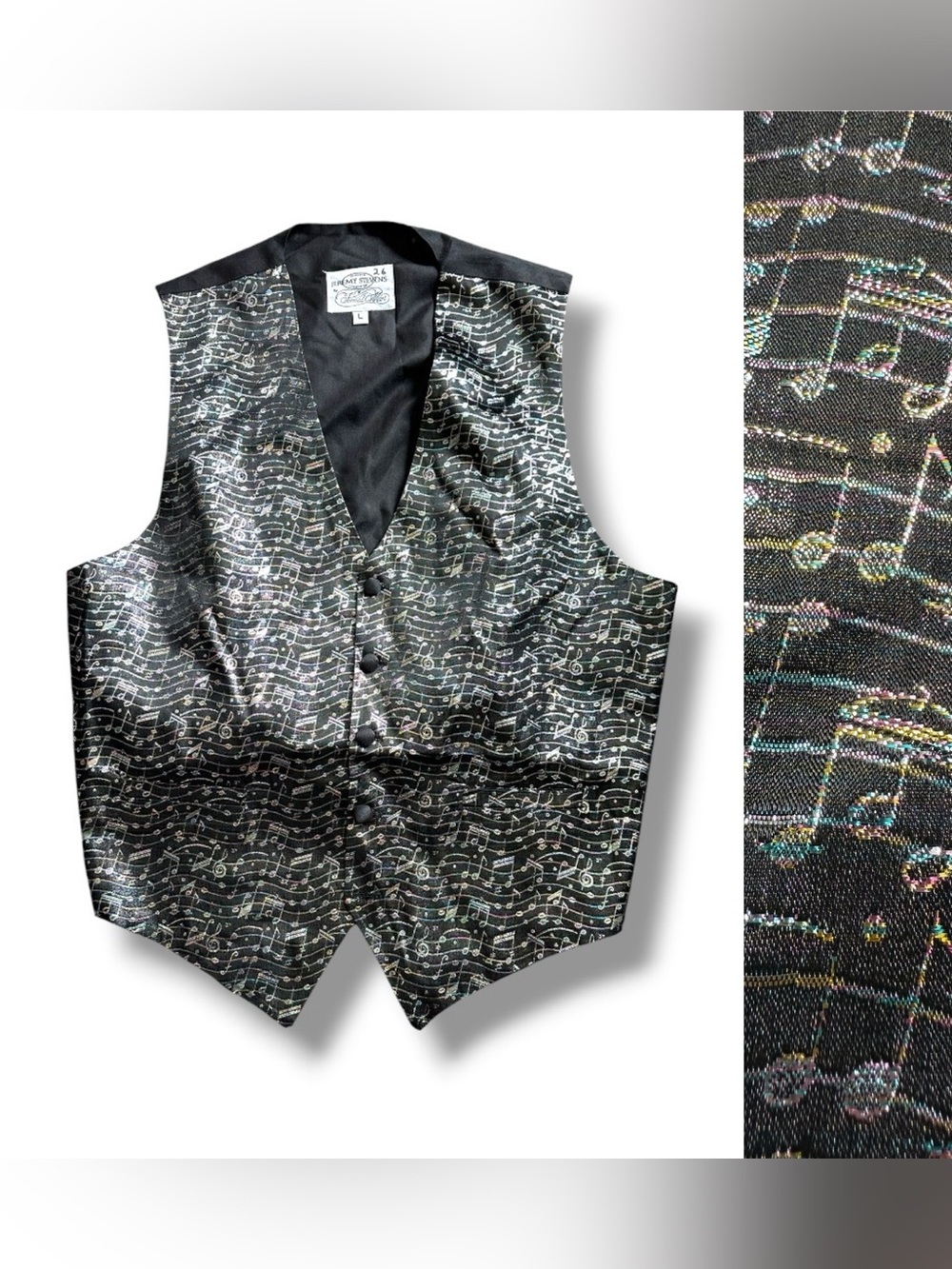 Vtg Jeremy Stevens Black Holographic Rainbow Music Note Vest Mens Large Formal